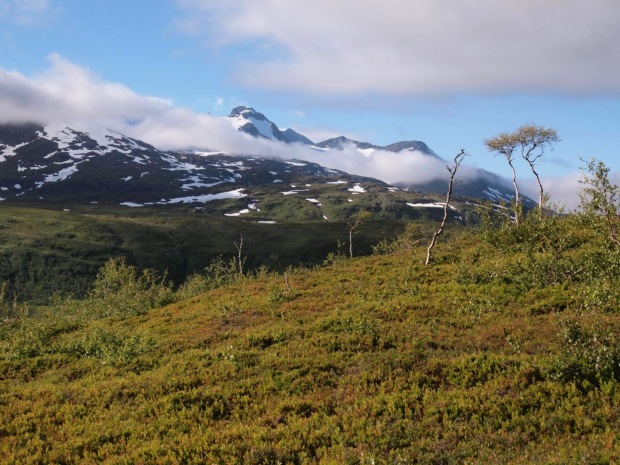 First views onto the Okstinden range while climbing onto the Artfjellet ridge